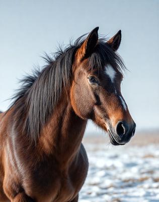 The primary subject of the image is a brown horse with a white stripe on its face. The horse is standing in a snowy field, which serves as the setting for the scene. The visual style of the image is a photo, capturing the horse in its natural environment. The colors in the image are predominantly brown and white, creating a calm and serene atmosphere.