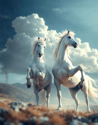 The primary subject of the image is two white horses standing in a field. They are positioned close to each other, with one horse slightly behind the other. The setting is a grassy field with a cloudy sky in the background. The visual style of the image is a digital art or illustration, creating a sense of depth and realism. The colors and mood of the image are predominantly white and calm, with the horses' white coats and the cloudy sky contributing to a serene atmosphere.