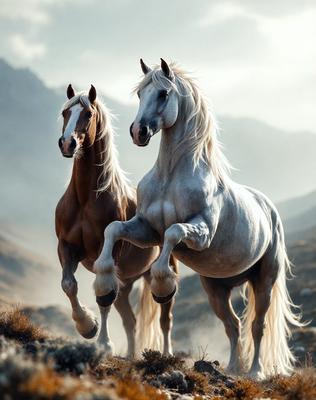 Primary subject: Two white horses standing on a hill.

Setting/background: The horses are standing on a hill with mountains in the background.

Visual style: The image is a photo of the two horses.

Colors and mood: The image has a warm and natural color palette, with the horses and the surrounding environment appearing vibrant and lively.