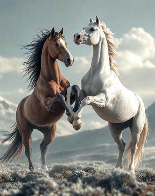 The primary subject of the image is a brown horse and a white horse standing next to each other in a field. The setting is a grassy area with mountains in the background. The visual style is a digital art or illustration, creating a realistic and detailed representation of the horses. The colors and mood of the image are warm and natural, with the brown horse and white horse standing out against the grassy field and mountain backdrop.