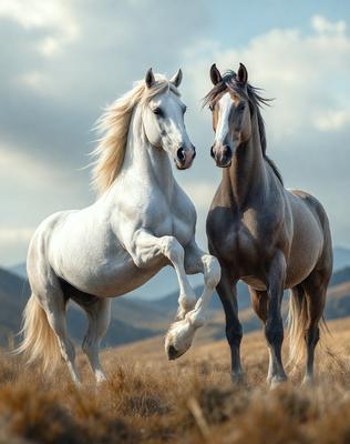 Primary subject: Two horses standing in a field.

Setting/background: The horses are standing in a grassy field with mountains in the background.

Visual style: The image is a photo of the two horses.

Colors and mood: The image has a warm and natural color palette, with the horses' white and brown fur, the green grass, and the blue sky in the background. The overall atmosphere is serene and peaceful.