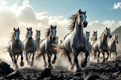 Primary subject: A herd of horses running through a field.

Setting/background: The horses are running through a field with a cloudy sky above.

Visual style: The image is a photo of the horses running.

Colors and mood: The image has a black and white color scheme, giving it a classic and timeless feel. The horses' movement and the cloudy sky create a sense of energy and freedom.