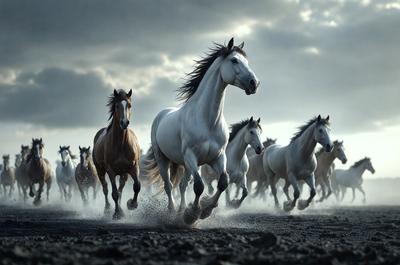 Primary subject: A group of horses running in a field.

Setting/background: The horses are running in a field with a cloudy sky above.

Visual style: The image is a black and white photo.

Colors and mood: The mood of the image is dynamic and energetic, as the horses are running and the sky is cloudy.