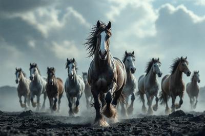 Primary subject: A brown and white horse running in a field.

Setting/background: The horse is running in a field with a cloudy sky above.

Visual style: The image is a photo of the horse running in the field.

Colors and mood: The dominant colors are brown and white, with a slightly cloudy atmosphere.