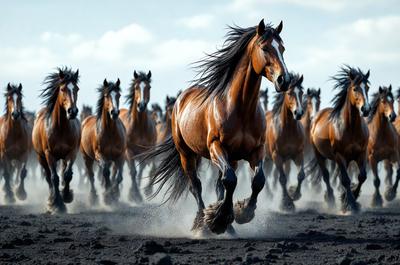 The primary subject of the image is a brown horse running through a field. The horse is the center of attention, and it appears to be the main focus of the image. The setting is a field with a cloudy sky in the background. The visual style of the image is a photo, capturing the horse in motion. The colors in the image are predominantly brown and black, giving the scene a somewhat dramatic and intense atmosphere.
