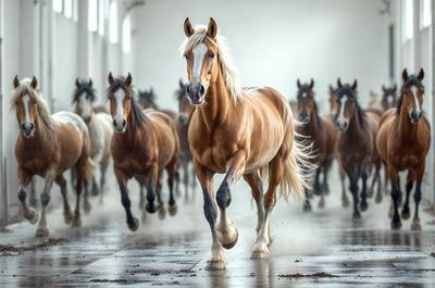 Primary subject: A brown horse with blonde hair running down a hallway.

Setting/background: The horse is running down a hallway, which appears to be a part of a building.

Visual style: The image is a photo of the horse running.

Colors and mood: The horse has a brown coat with blonde hair, and the overall atmosphere is energetic and dynamic.
