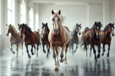 Primary subject: A brown horse with blonde hair running through a building.

Setting/background: The horse is running through a building, possibly a large hall or a museum.

Visual style: The image is a photo of the horse running through the building.

Colors and mood: The horse has a brown coat with blonde hair, and the overall atmosphere is energetic and dynamic.
