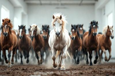 The primary subject of the image is a white horse with blonde hair, running through a dirt field. The horse is surrounded by a herd of brown horses, creating a dynamic and lively scene. The setting appears to be a rural or countryside environment, with the horses running freely in the open space. The visual style of the image is a photo, capturing the movement and beauty of the horses in their natural habitat. The colors and mood of the image are predominantly earthy tones, with the white