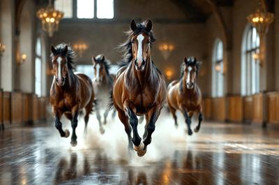 Primary subject: Horses
Setting/background: Indoor arena
Visual style: Photo
Colors and mood: Brown and black

In the image, a group of brown horses is running in an indoor arena. The horses are positioned in various directions, creating a dynamic scene. The indoor arena provides a controlled environment for the horses to exercise and train. The brown and black colors of the horses and the arena create a sense of warmth and intensity in the scene.