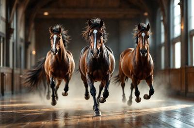 Primary subject: Three brown horses running in a barn.

Setting/background: The horses are running in a barn, with a wooden floor visible.

Visual style: The image is a photo of the three horses in motion.

Colors and mood: The horses are brown, and the overall atmosphere is energetic and dynamic.