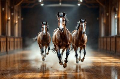Primary subject: Three horses running in a row.

Setting/background: A wooden floor with a light shining on it.

Visual style: A photo of the three horses running.

Colors and mood: The colors are predominantly brown and black, with a sense of motion and energy.