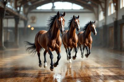 Primary subject: Four horses running in a barn.

Setting/background: The horses are running on a dirt floor in a barn.

Visual style: The image is a photo of the horses in motion.

Colors and mood: The image has a sepia tone, giving it a vintage feel. The horses are running, creating a sense of energy and movement.