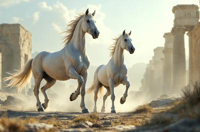 Primary subject: Two white horses running in a field.

Setting/background: The horses are running in a field with a mountain in the background.

Visual style: The image is a photo of the two horses in motion.

Colors and mood: The image is in black and white, giving it a classic and timeless feel. The horses' white coats contrast with the darker tones of the field and mountain, creating a sense of motion and energy.