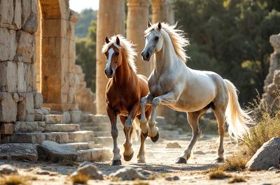 Primary subject: Two horses running together.
Setting/background: An outdoor environment with a rocky surface.
Visual style: A photo of the two horses.
Colors and mood: The image is in black and white, giving it a classic and timeless feel.