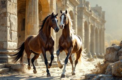 Primary subject: Two brown horses running together.

Setting/background: An old stone building with arches in the background.

Visual style: A photo of the two horses running.

Colors and mood: The image is in black and white, giving it a classic and timeless feel.