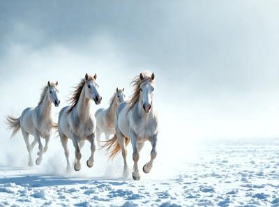 Primary subject: Four horses running in the snow.

Setting/background: The snowy landscape with a hazy sky.

Visual style: The image is a photo of the four horses running in the snow.

Colors and mood: The dominant colors are white and gray, with the snow creating a cold and serene atmosphere.