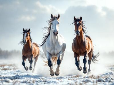 Primary subject: Three horses running in the snow.

Setting/background: The scene takes place in a snowy field, with the horses running through the snow.

Visual style: The image is a photo of the three horses running in the snow.

Colors and mood: The dominant colors in the image are white, brown, and gray, creating a cold and wintry atmosphere.