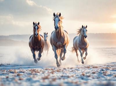 Primary subject: Horses
Setting/background: Beach
Visual style: Photo
Colors and mood: White and brown