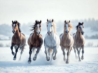 Primary subject: Horses
Setting/background: Snowy landscape
Visual style: Photo
Colors and mood: White and brown, cold and snowy