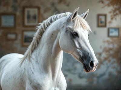 The primary subject of the image is a white horse with a brown nose. The horse is standing in front of a wall, which serves as the setting for the scene. The visual style of the image is a photo, capturing the horse in its natural environment. The colors in the image are predominantly white and brown, creating a calm and serene atmosphere.