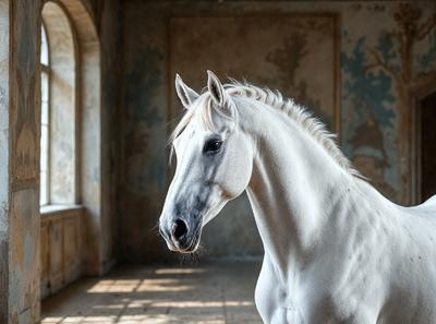 Primary subject: A white horse with a flowing mane.

Setting/background: The horse is standing in a room with a wall painted with a mural.

Visual style: The image is a photo of the horse.

Colors and mood: The horse has a white coat, and the mural on the wall adds a touch of color and artistic expression to the scene.