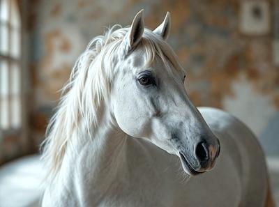 The primary subject of the image is a white horse with a flowing mane. The horse is standing in front of a brick wall, which serves as the setting or background of the scene. The visual style of the image is a photo, capturing the horse's features and the surrounding environment. The colors and mood of the image are predominantly white, giving it a clean and serene atmosphere.