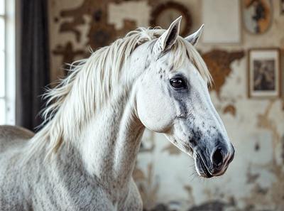 Primary subject: A white horse with a black nose.

Setting/background: The horse is standing in front of a wall with a painting on it.

Visual style: The image is a photo of the horse.

Colors and mood: The horse is predominantly white, and the black nose adds a contrasting element to the scene. The overall atmosphere appears calm and serene.
