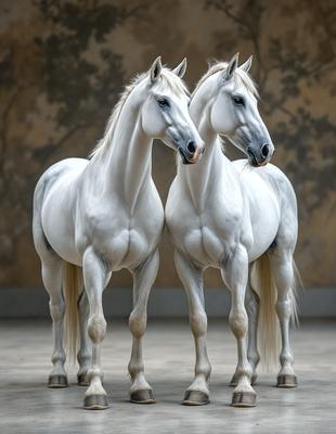 The primary subject of the image is two white horses standing next to each other. They are positioned in a room with a wallpapered background, which adds a decorative touch to the scene. The visual style of the image is a photo, capturing the horses in their natural environment. The colors and mood of the image are predominantly white, giving it a clean and serene atmosphere.