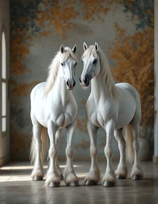 The primary subject of the image is two white horses standing next to each other. They are positioned in front of a wall with a painting on it, creating a visually appealing scene. The setting appears to be indoors, possibly in a stable or a room with a decorative wall. The visual style of the image is a high-quality photo, capturing the beauty and elegance of the horses. The colors and mood of the image are predominantly white, giving it a clean and serene atmosphere.