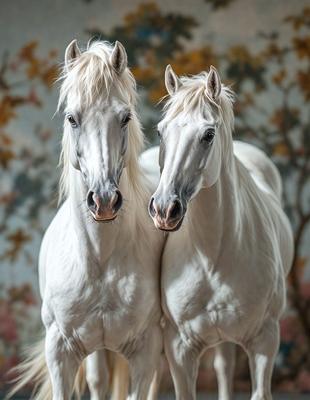 The primary subject of the image is two white horses standing next to each other. They are positioned in front of a floral wallpaper, which serves as the setting and background of the scene. The visual style of the image is a photo, capturing the horses in their natural environment. The colors and mood of the image are predominantly white, giving it a clean and serene atmosphere.