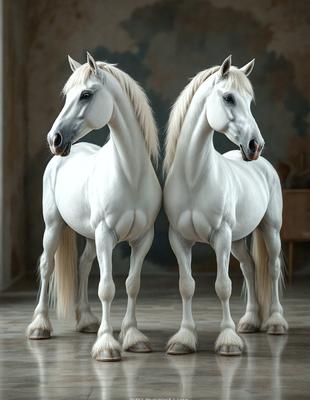 The primary subject of the image is two white horses standing side by side. They are positioned in a room with a wooden floor, which serves as the setting for the scene. The visual style of the image is a photo, capturing the horses in their natural environment. The colors and mood of the image are predominantly white, giving it a clean and serene atmosphere.