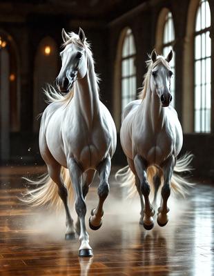 The primary subject of the image is two white horses running side by side in a large, open space. The setting appears to be a large room or a courtyard, with a window visible in the background. The visual style of the image is a photo, capturing the horses in motion. The colors in the image are predominantly white, giving the scene a clean and bright atmosphere.