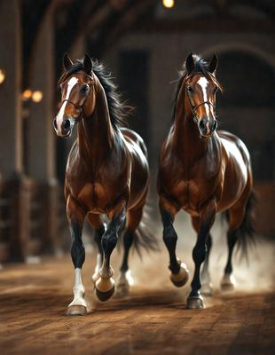Primary subject: Two brown horses running side by side.

Setting/background: A dirt road or a courtyard.

Visual style: A photo of the two horses.

Colors and mood: The horses are brown, and the overall atmosphere is energetic and dynamic.