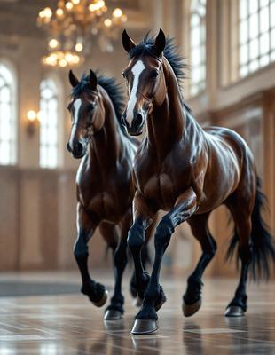 The primary subject of the image is a brown horse with a white face, standing in a room with a wooden floor. The horse appears to be walking or running, possibly in a stable or a similar indoor environment. The setting is indoors, with a wooden floor visible in the image. The visual style is a photo, capturing the horse in motion. The colors in the image are predominantly brown and white, with the wooden floor adding a natural touch to the scene. The overall atmosphere of the image is energetic and