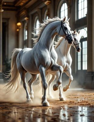 Primary subject: Two white horses running in a hallway.

Setting/background: The horses are running in a hallway, which is part of a building.

Visual style: The image is a digital artwork, featuring two white horses in motion.

Colors and mood: The image is predominantly white, with the horses' fur and the hallway's walls providing contrast. The overall atmosphere is energetic and dynamic, as the horses are captured in motion.
