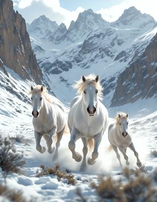 Primary subject: Three white horses running through the snow.

Setting/background: A snowy mountain range with a rocky terrain.

Visual style: The image is a digital artwork.

Colors and mood: The image is predominantly white, with the snow and the horses' fur creating a cold and serene atmosphere.