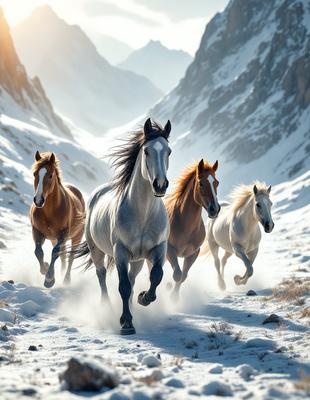 Primary subject: A group of four horses running through a snowy mountain pass.

Setting/background: The horses are running through a snowy mountain pass, with a mountainous background.

Visual style: The image is a photo of the horses running in the snow.

Colors and mood: The image has a cold and snowy atmosphere, with the white snow and the horses' fur creating a striking contrast.