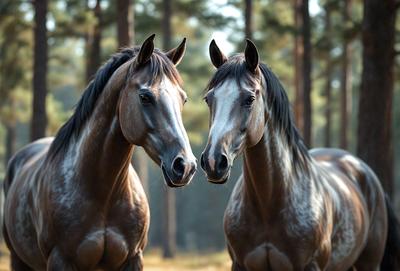 The primary subject of the image is two horses standing next to each other in a forest. They are positioned close to each other, with their heads facing each other. The setting is a forest, providing a natural and serene backdrop for the horses. The visual style of the image is a photo, capturing the horses in their natural environment. The colors and mood of the image are predominantly brown and green, reflecting the natural tones of the forest.