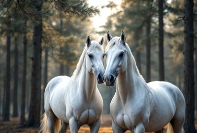 The primary subject of the image is two white horses standing next to each other in a forest. The setting is a wooded area with trees surrounding the horses. The visual style of the image is a photo, capturing the horses in their natural environment. The colors and mood of the image are predominantly earthy tones, creating a serene and peaceful atmosphere.