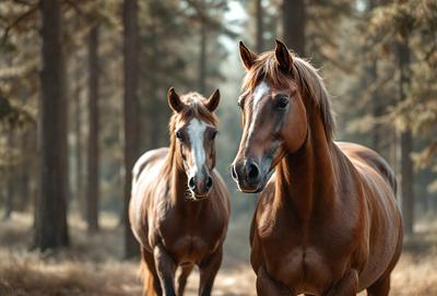 The primary subject of the image is a brown horse with a white stripe on its face. The horse is standing in a forest, surrounded by trees. The setting is a natural environment with a serene atmosphere. The visual style of the image is a photo, capturing the horse in its natural habitat. The colors and mood of the image are warm and earthy, with the brown horse and the green trees creating a sense of tranquility.