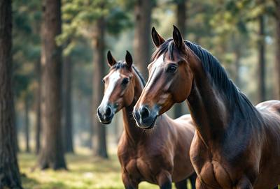 The primary subject of the image is a brown horse standing in a grassy field. The horse is positioned in the center of the scene, and it appears to be looking at the camera. The setting is a forest, with trees surrounding the horse. The visual style of the image is a photo, capturing the horse in its natural environment. The colors in the image are predominantly brown and green, creating a calm and serene atmosphere.