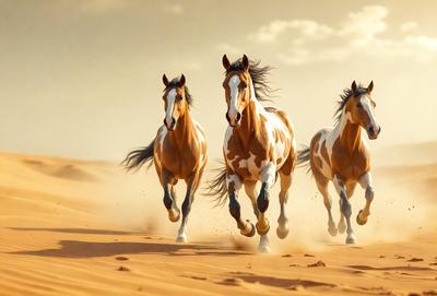 Primary subject: Three horses running in the desert.

Setting/background: The horses are running on a sandy surface, which is the desert.

Visual style: The image is a photo of the three horses running in the desert.

Colors and mood: The image has a warm and natural color palette, with the sandy surface and the horses' coats creating a sense of movement and freedom.