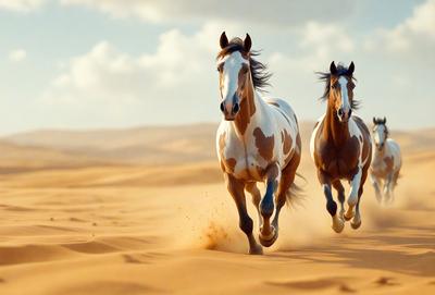The primary subject of the image is a pair of horses running through a desert-like environment. The setting includes a sandy surface and a cloudy sky, creating a sense of openness and freedom. The visual style of the image is a photo, capturing the horses in motion. The colors and mood of the image are predominantly warm and earthy tones, reflecting the natural landscape and the energy of the horses.