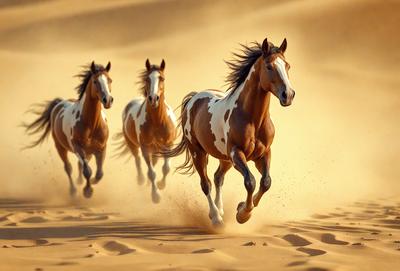 Primary subject: Three horses running in the sand.

Setting/background: A desert environment with sandy terrain.

Visual style: A photo of the horses running in the sand.

Colors and mood: The image is in sepia tone, giving it a warm and nostalgic atmosphere.