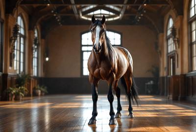 Primary subject: A brown horse standing in a room.

Setting/background: The horse is standing in a room with a wooden floor.

Visual style: The image is a photo of the horse.

Colors and mood: The horse is brown, and the overall atmosphere is calm and focused.
