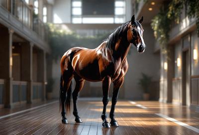 Primary subject: A brown horse standing in a room.

Setting/background: The horse is standing in a room with a wooden floor.

Visual style: The image is a photo of the horse.

Colors and mood: The horse is brown, and the overall atmosphere is calm and serene.