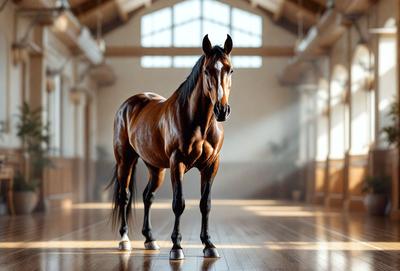 Primary subject: A brown horse standing in a building.

Setting/background: The horse is standing in a large room with a wooden floor.

Visual style: The image is a photo of the horse.

Colors and mood: The horse is brown, and the overall atmosphere is calm and serene.