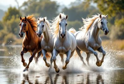 The primary subject of the image is a group of five white horses running through a body of water. The setting is a natural environment with the water providing a backdrop for the horses. The visual style of the image is a photo, capturing the horses in motion. The colors and mood of the image are predominantly white, creating a sense of purity and freedom.
