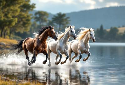 Primary subject: Four horses running through a body of water.

Setting/background: The horses are running through a lake, surrounded by a natural environment.

Visual style: The image is a digital artwork, featuring the four horses in motion.

Colors and mood: The image has a vibrant and lively atmosphere, with the horses' white and brown colors contrasting against the blue water.