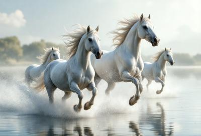 Primary subject: White horses running through water.
Setting/background: Water with a misty, foggy atmosphere.
Visual style: Digital art.
Colors and mood: The image is in black and white, giving it a classic and timeless feel.